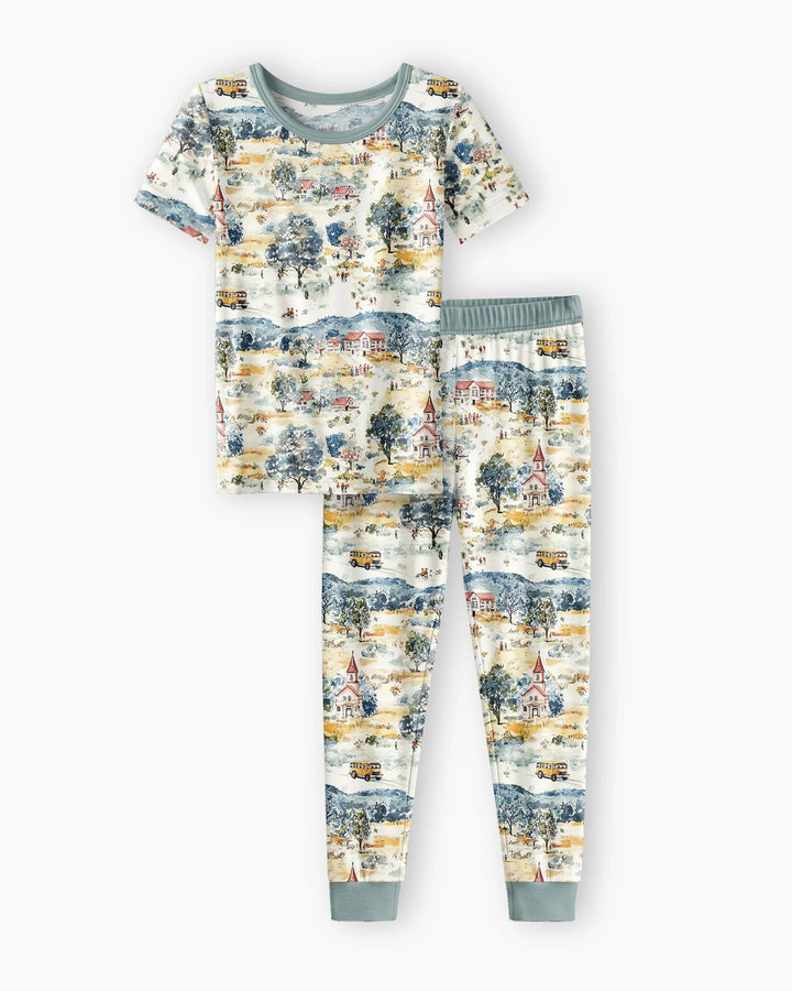 Whimsical Watercolor School Village Bamboo Two Piece Short Sleeve Pajama Set