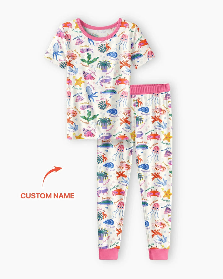 Tide Pool Pals Custom Name Bamboo Two Piece Short Sleeve Pajama Set