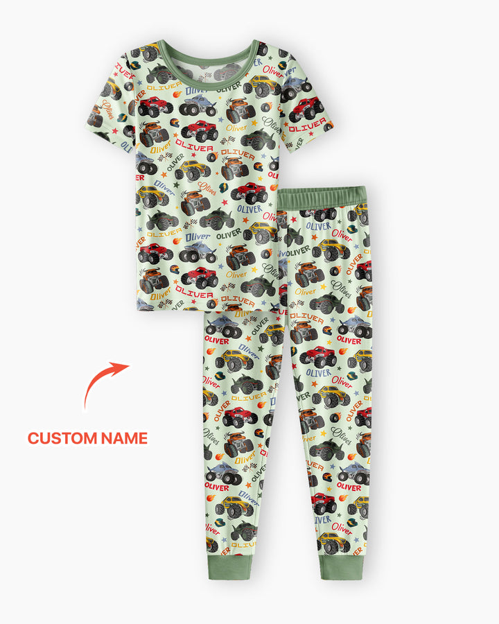 Personalized Monster Truck Bamboo Two Piece Short Sleeve Pajama Set