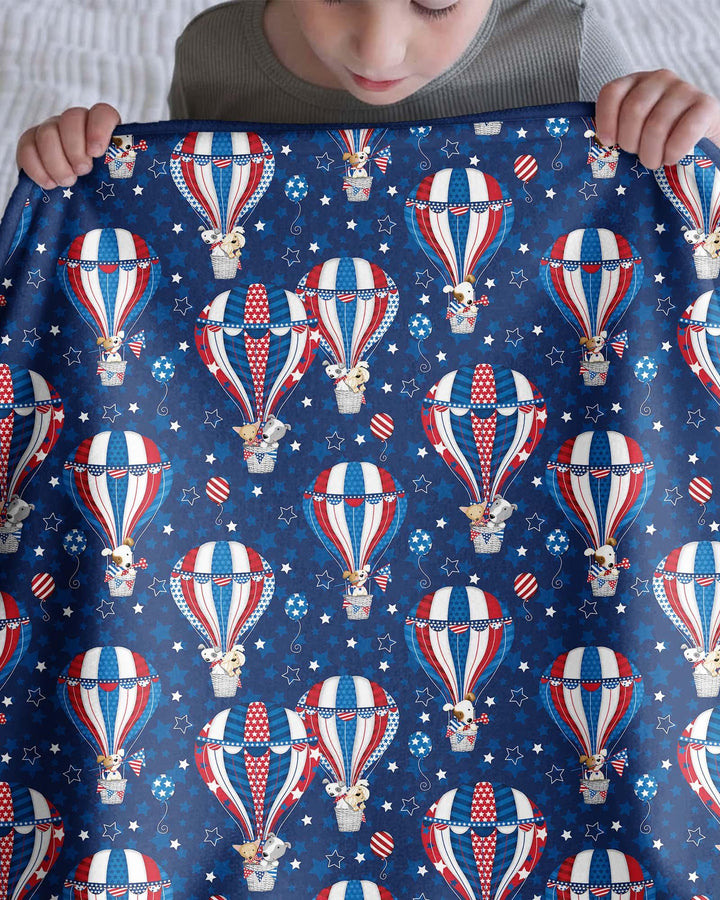Patriotic Pups in Hot Air Balloons Family Matching Bamboo Blanket
