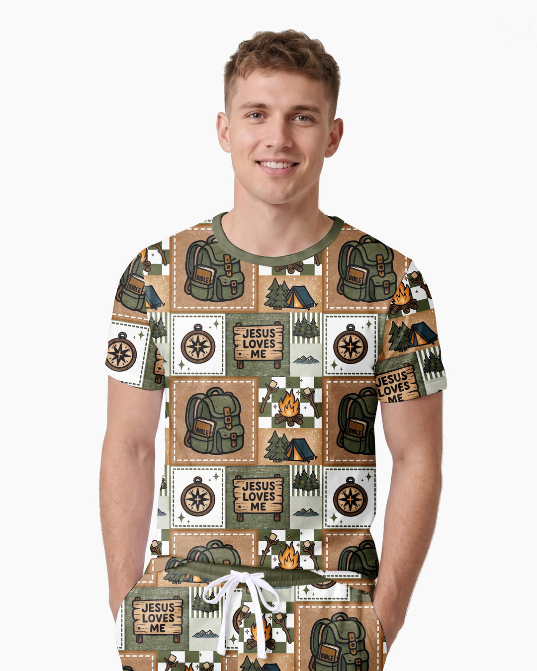 Camping Jesus Loves Me Bamboo Men Short Sleeve Short Pajama Set