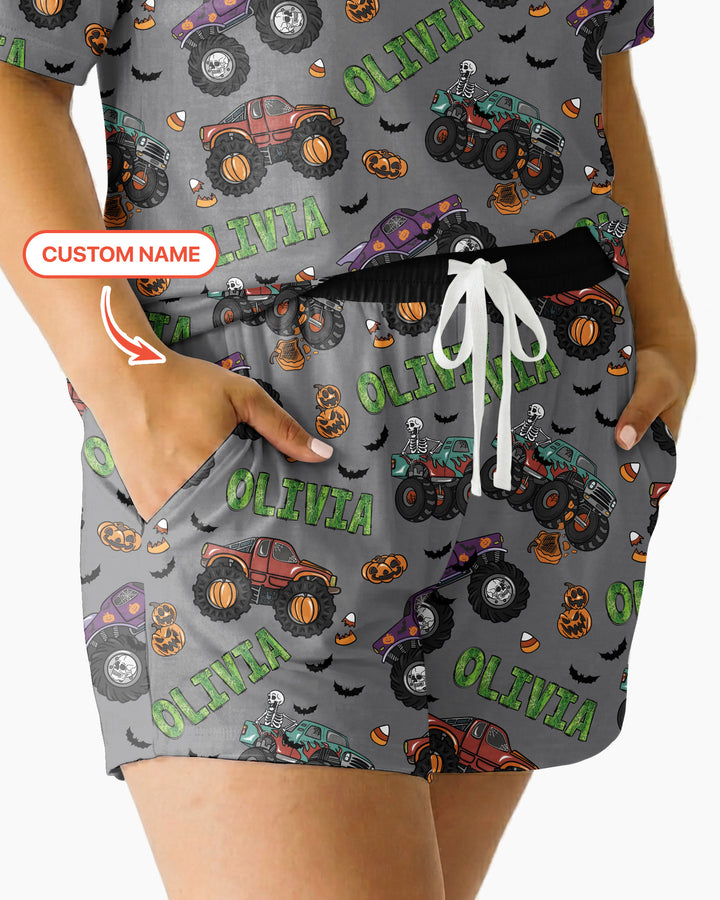 Custom Name Haunted Monster Trucks  Bamboo Women Short Sleeve Short Pajama Set