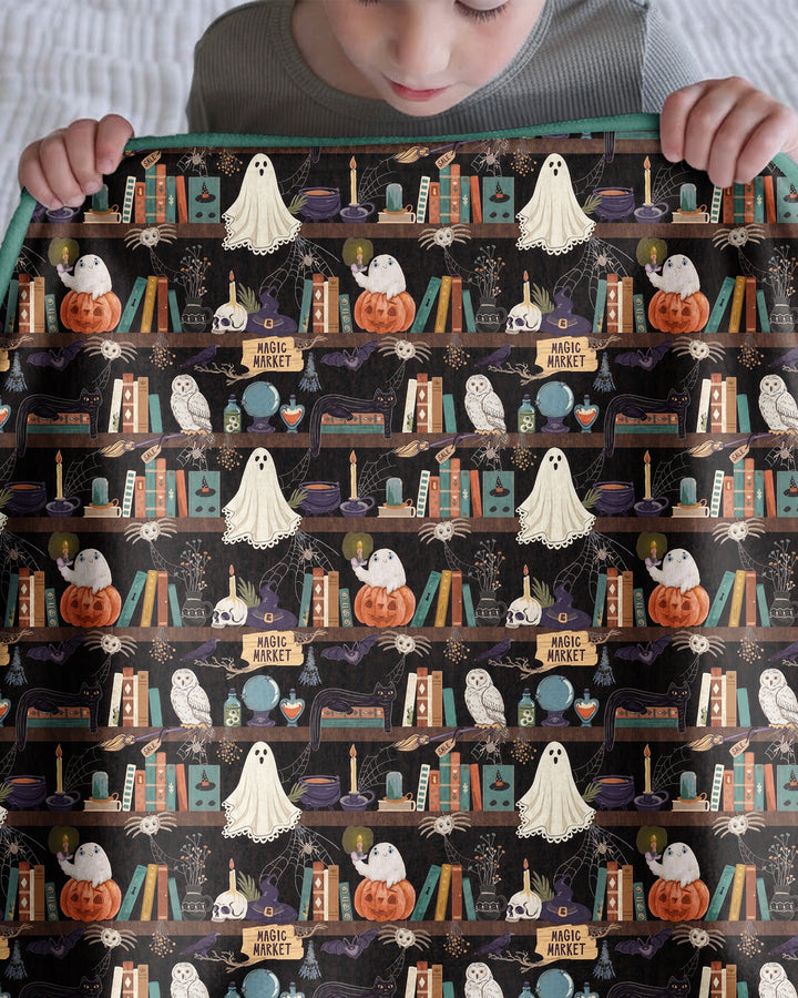 Cute Ghost Witchy Halloween Magic Library Bamboo Blanket