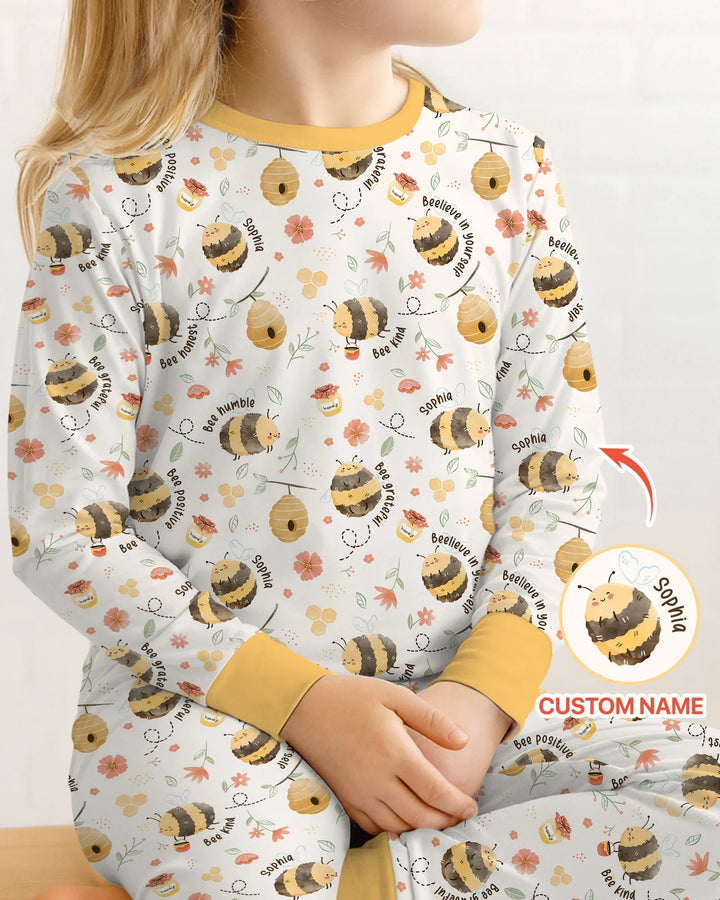 Bee Kind Custom Name Bamboo Two Piece Long Sleeve Pajama Set