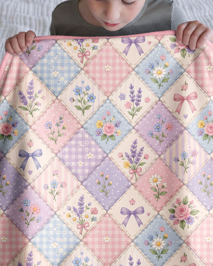 Pastel Floral Patchwork Bow Bamboo Quilt Blanket