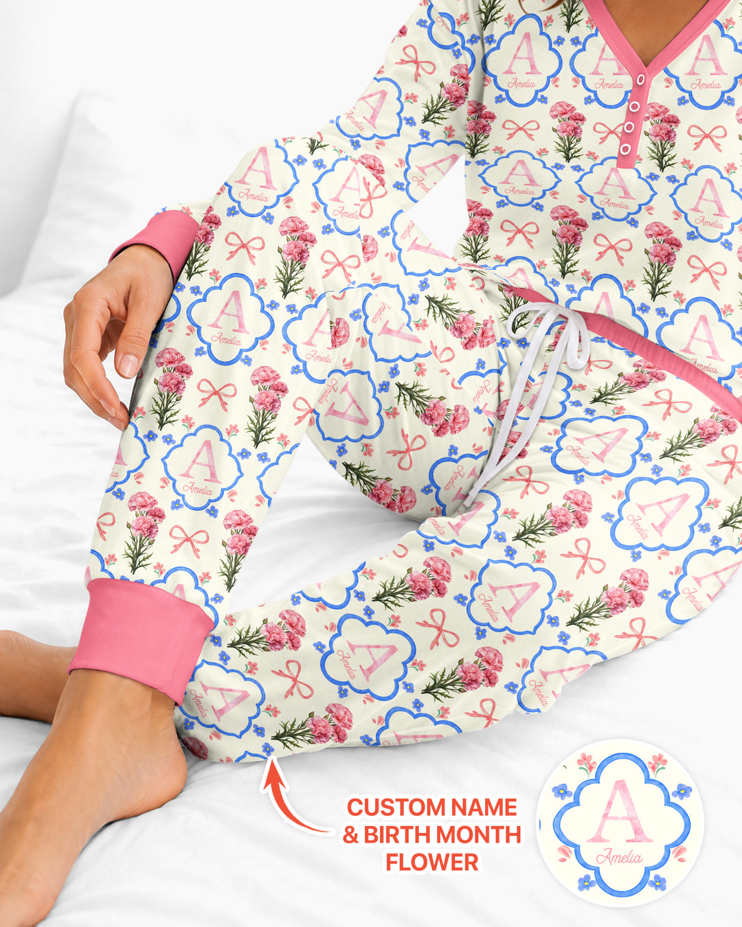Personalized Birth Flower Mommy And Me Matching Bamboo Women Pajama Set