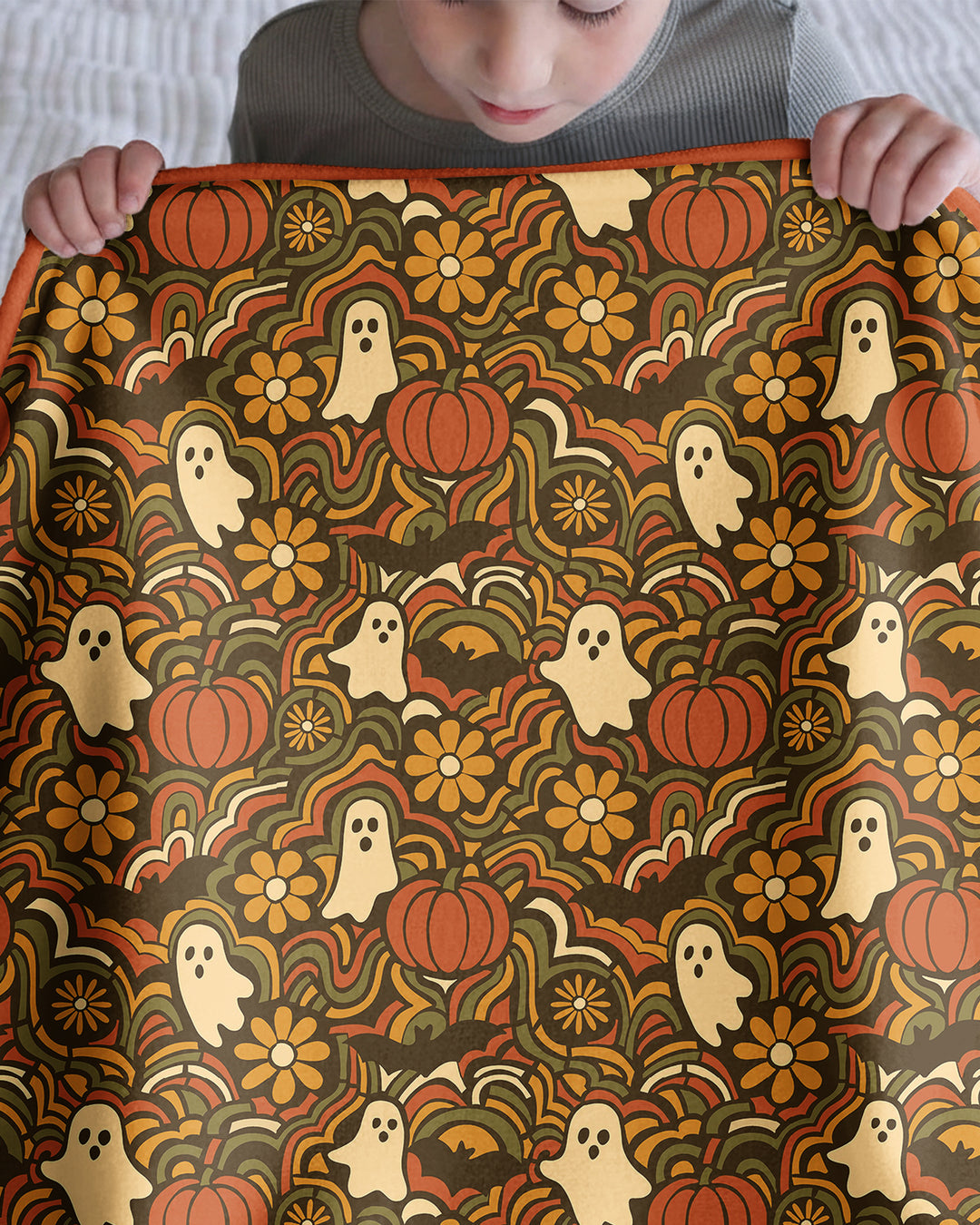 Retro Halloween Ghost Pumpkin Floral Bamboo Blanket