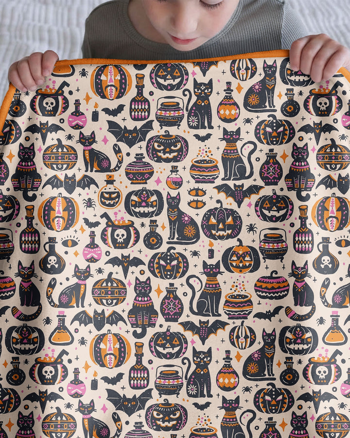 Whimsical Tribal Retro Halloween Black Cats Pumpkins Bamboo Blanket