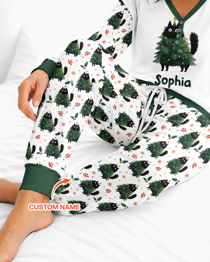 Custom Name Black Cat Christmas Bamboo Women Pajama Set