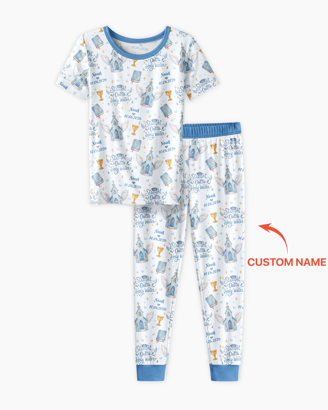 Custom Name Baptism Christening Straight Outta Holy Water Bamboo Two Piece Short Sleeve Pajama Set
