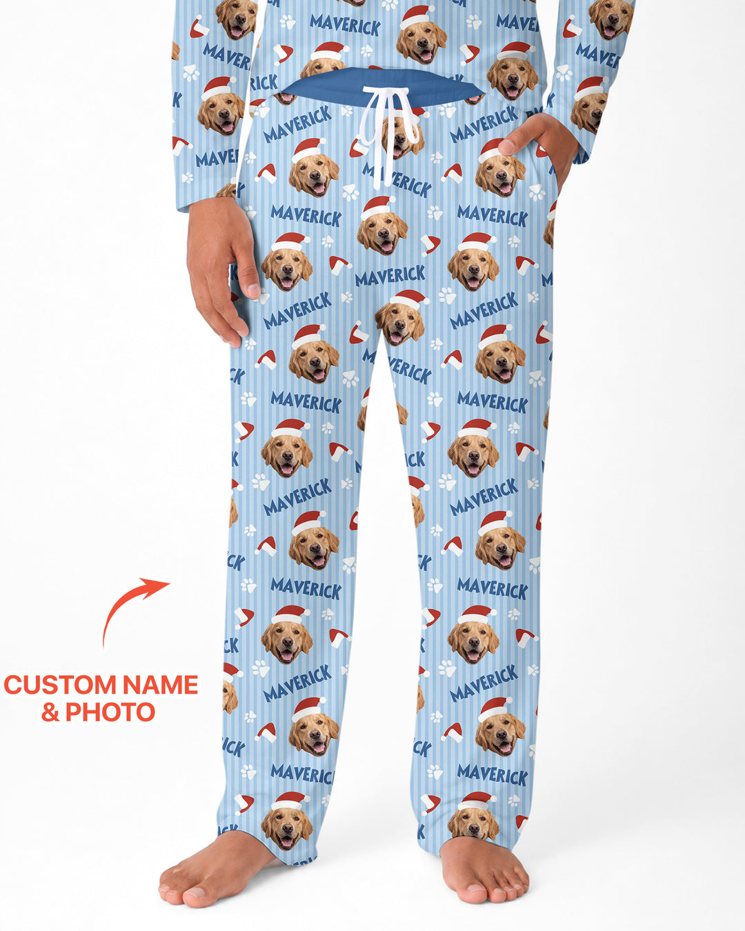 Custom Pet Photo Christmas Paws Stripe Bamboo Men's Pajama Set