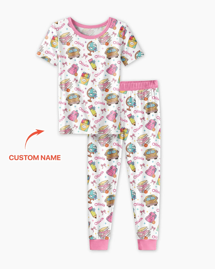 Custom Name Back To School Bamboo Two Piece Short Sleeve Pajama Set