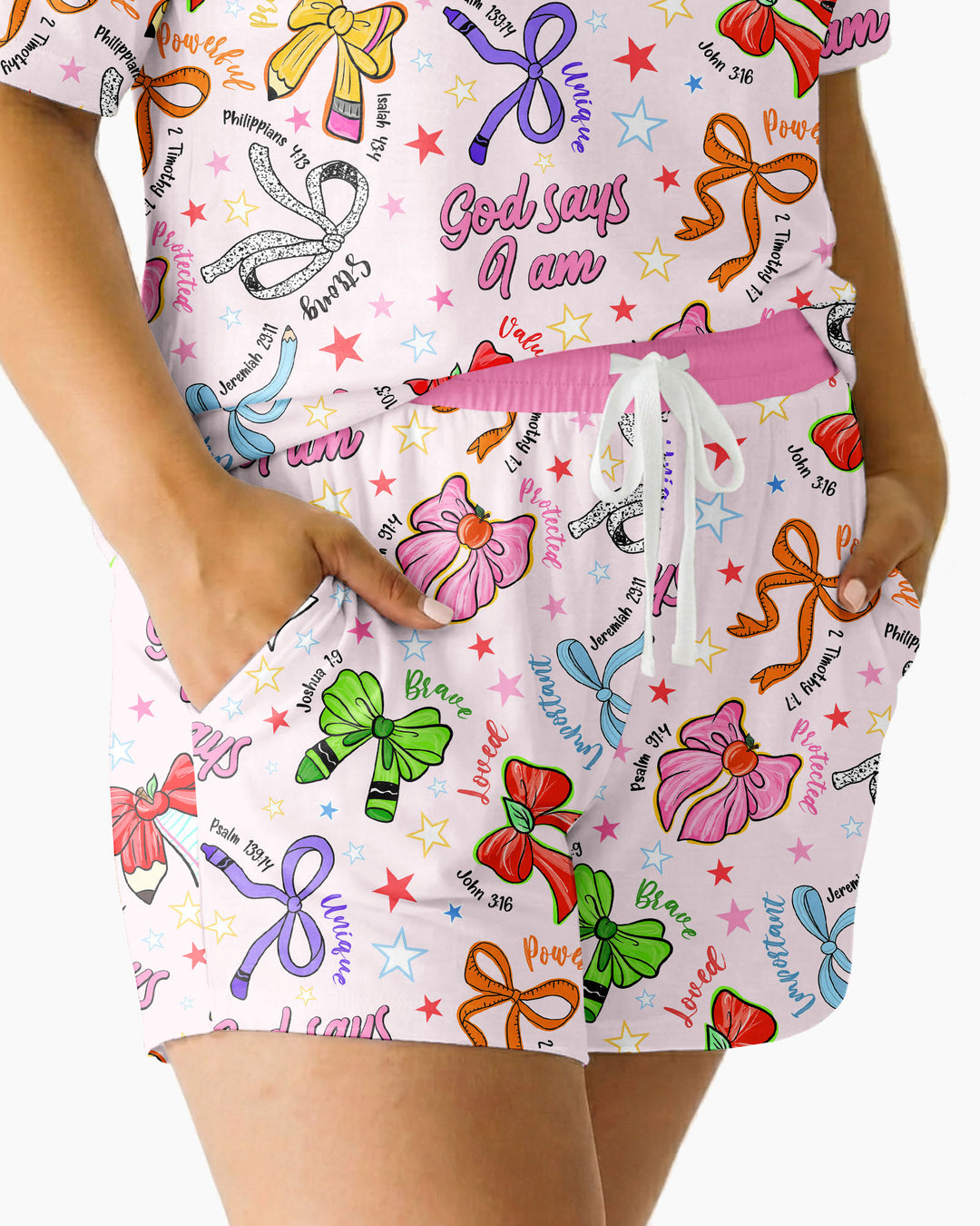 Pencil Bows God Says I Am Bamboo Women Short Sleeve Short Pajama Set