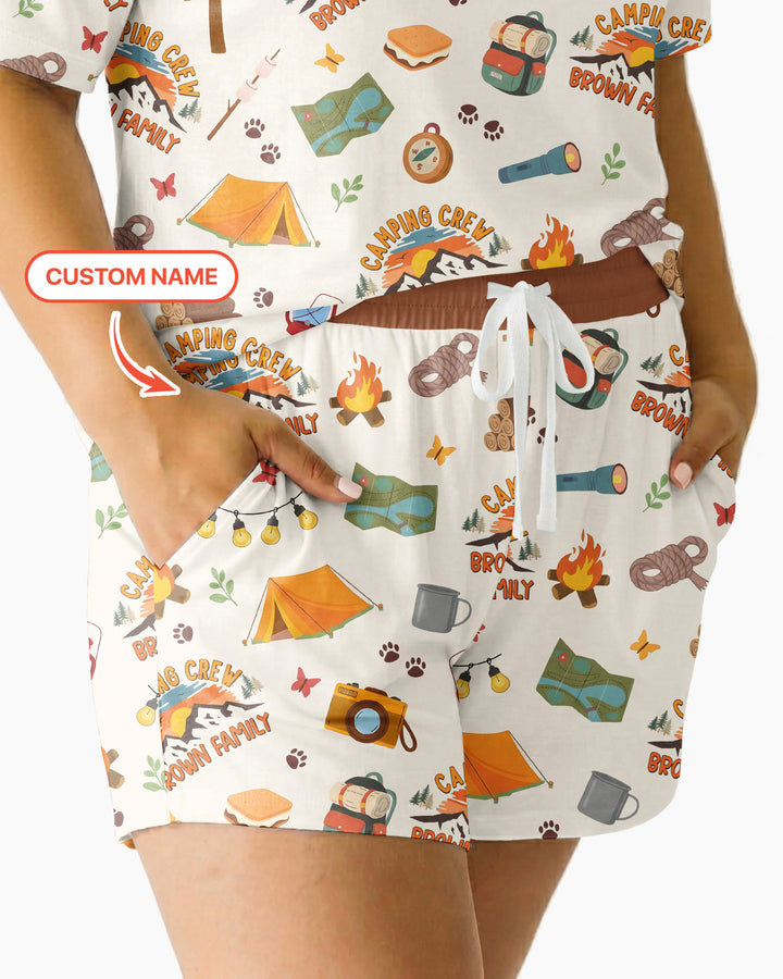 Custom Name Camping Crew Family Matching Bamboo Women Short Sleeve Short Pajama Set
