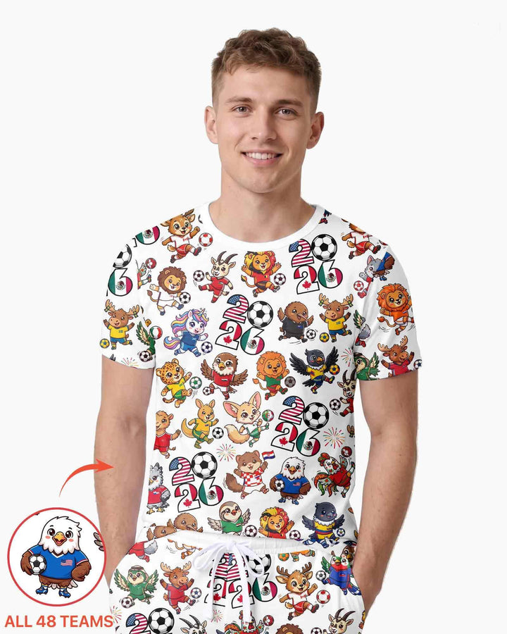 Kawaii Animals Soccer Tour 2026 Family Matching Bamboo Men Short Sleeve Short Pajama Set