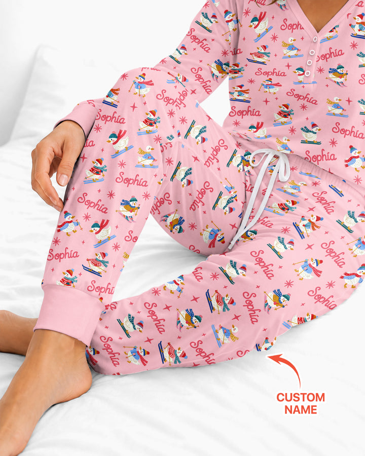 Custom Name Skiing Goose Bamboo Women Pajama Set