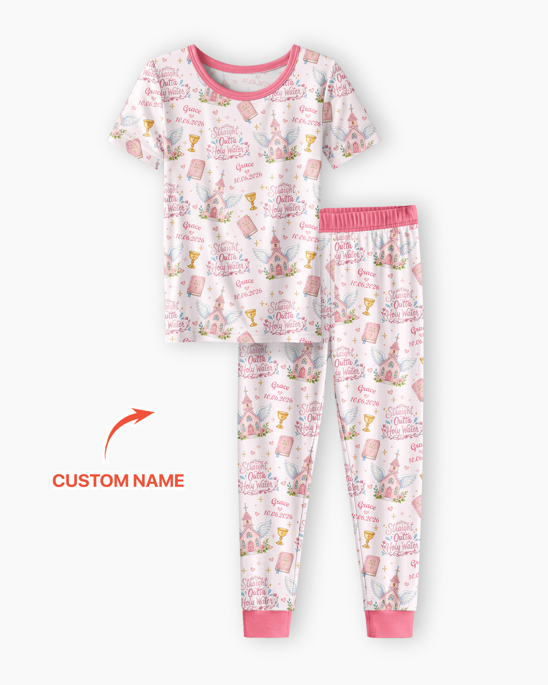 Custom Name Baptism Christening Straight Outta Holy Water Bamboo Two Piece Short Sleeve Pajama Set