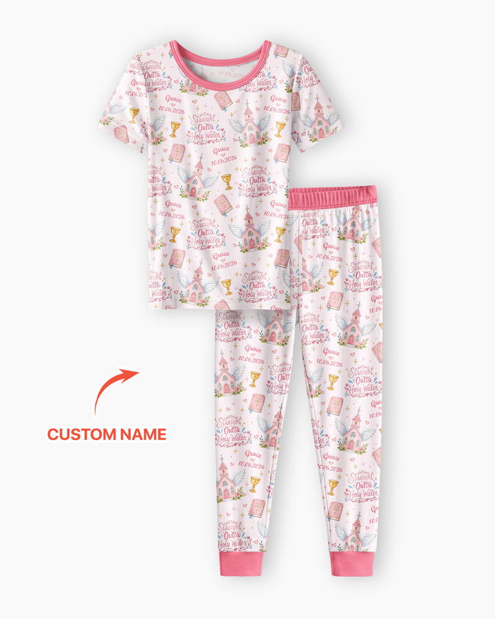 Custom Name Baptism Christening Straight Outta Holy Water Bamboo Two Piece Short Sleeve Pajama Set
