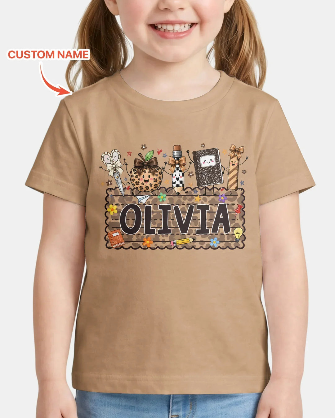 Custom Name School Sweetheart Leopard Bamboo Crewneck T-Shirt