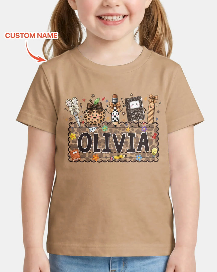 Custom Name School Sweetheart Leopard Bamboo Crewneck T-Shirt