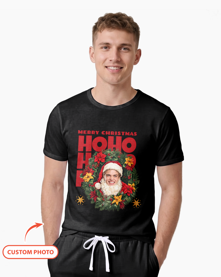 Personalized Photo Christmas Santa Bamboo Men Short Sleeve Short Pajama Set