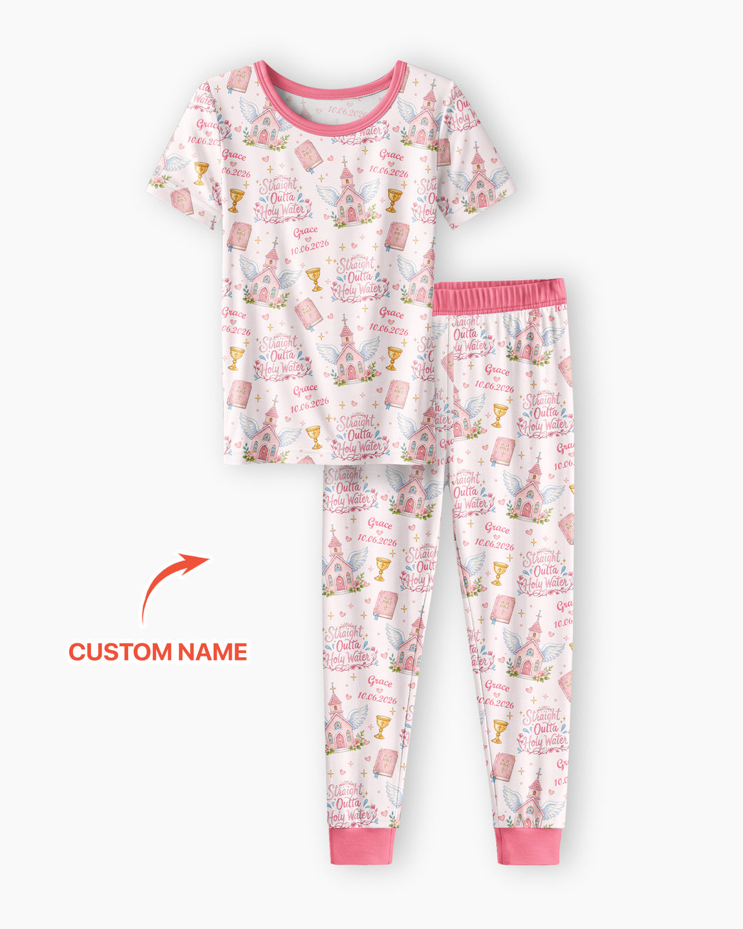Custom Name Baptism Christening Straight Outta Holy Water Bamboo Two Piece Short Sleeve Pajama Set