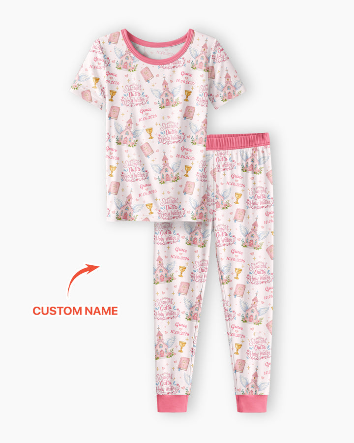 Custom Name Baptism Christening Straight Outta Holy Water Bamboo Two Piece Short Sleeve Pajama Set