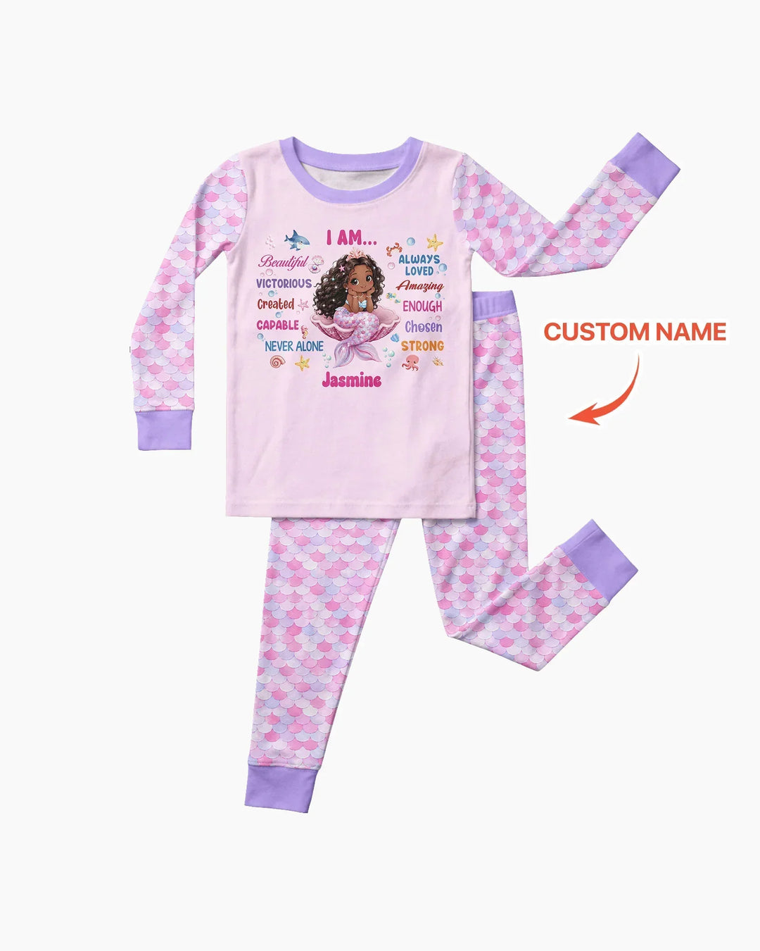 Custom Name Black Mermaid I Am Beautiful Bamboo Two Piece Long Sleeve Pajama Set
