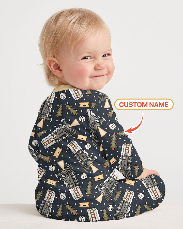 Custom Name Believe Kid Train Bamboo Two Piece Long Sleeve Pajama Set