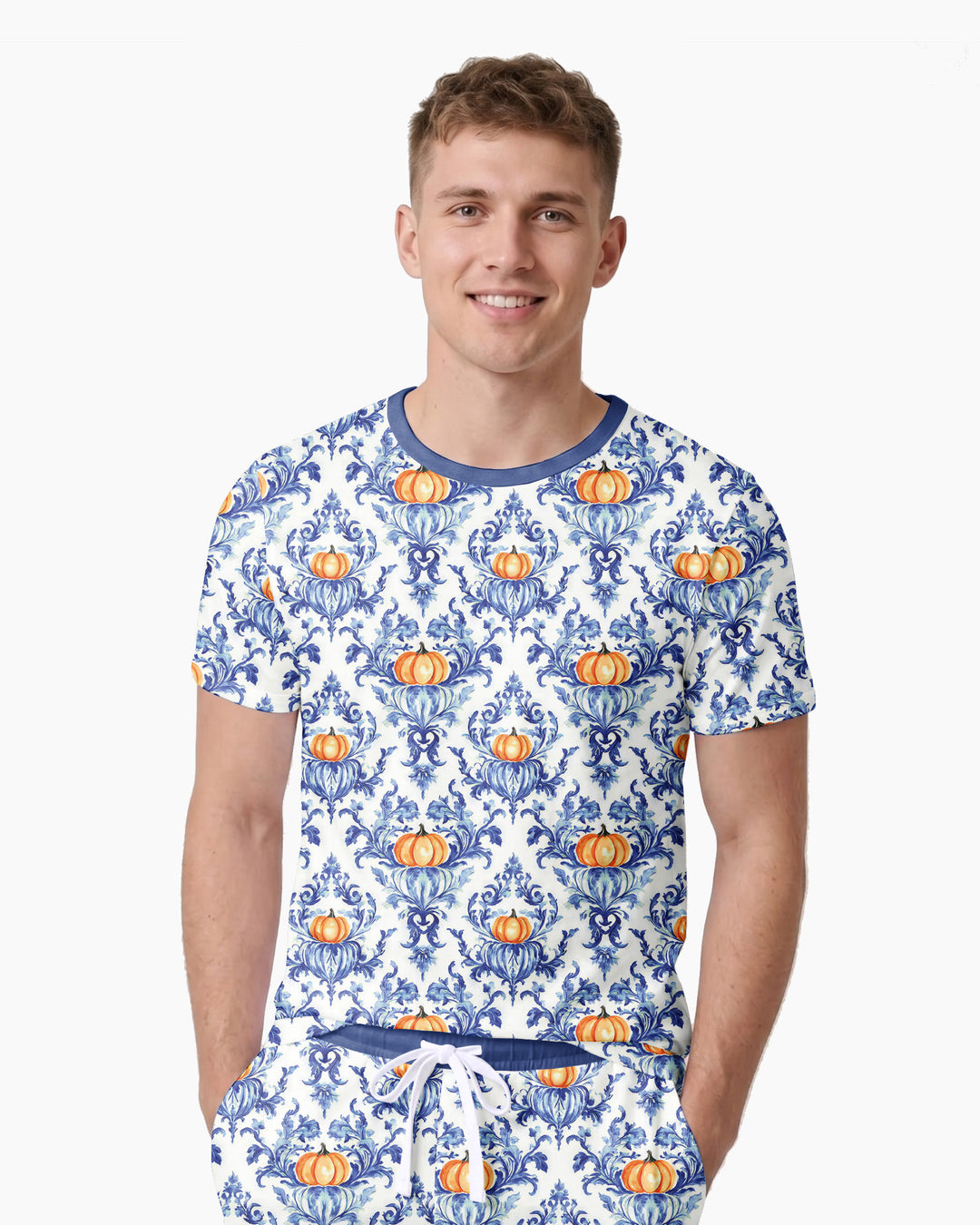 Pumpkin Toile Family Matching Bamboo Men Short Sleeve Short Pajama Set