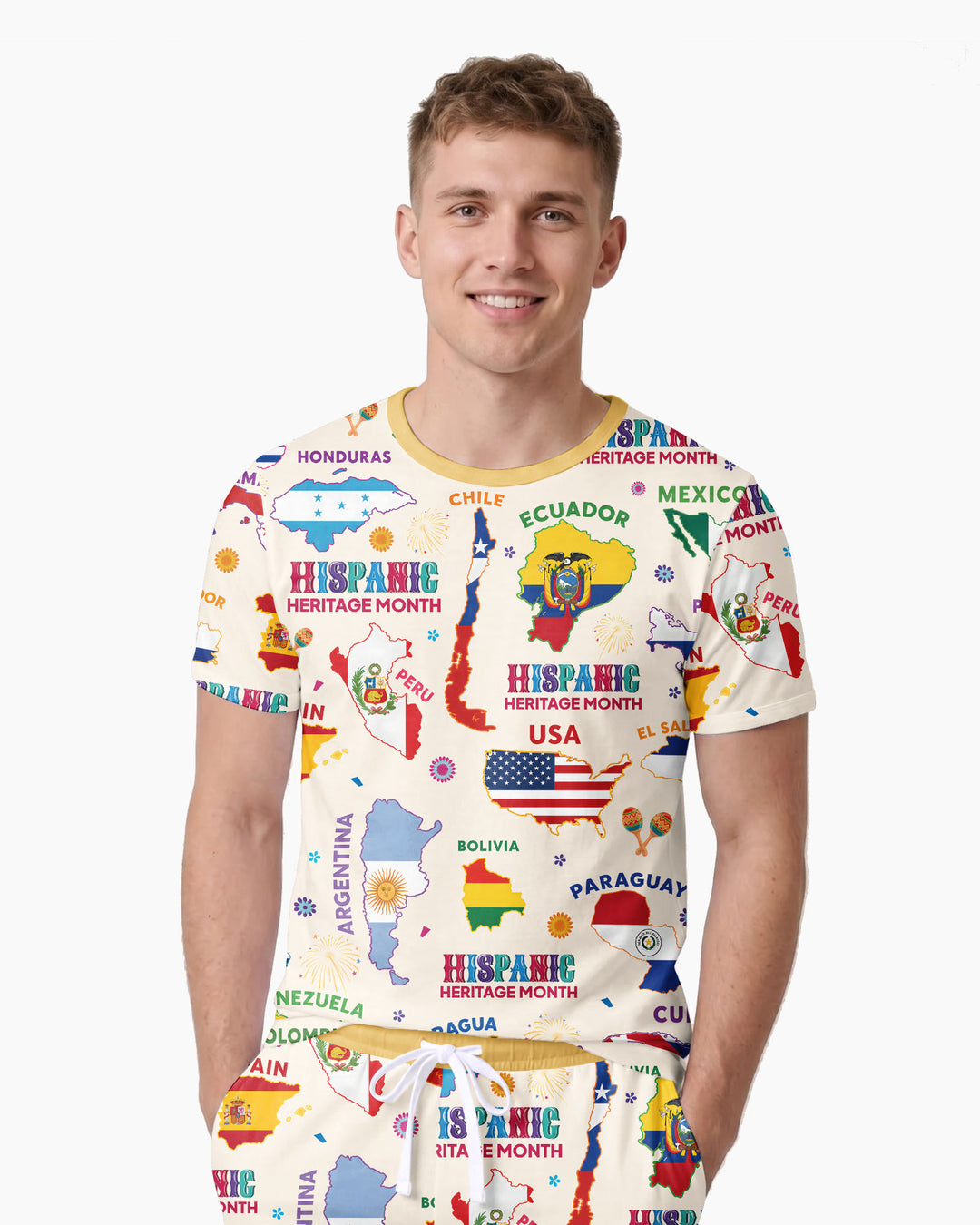 Hispanic Heritage Month Country Flags Bamboo Men Short Sleeve Short Pajama Set