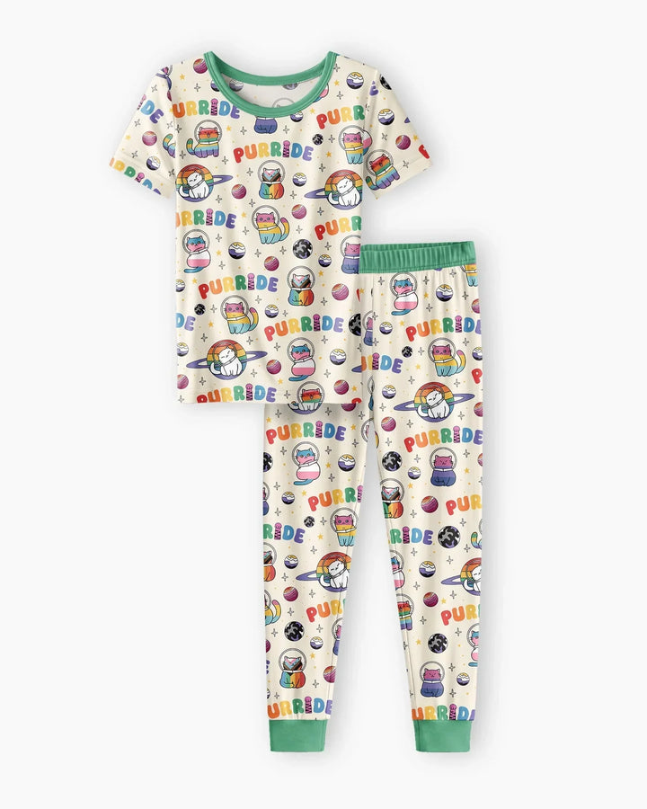 Rainbow Space Cats Family Matching Bamboo Two Piece Short Sleeve Pajama Set