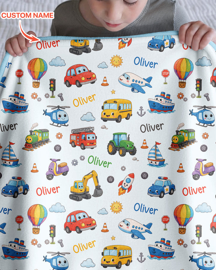 Custom Name Cute Transport Bamboo Blanket