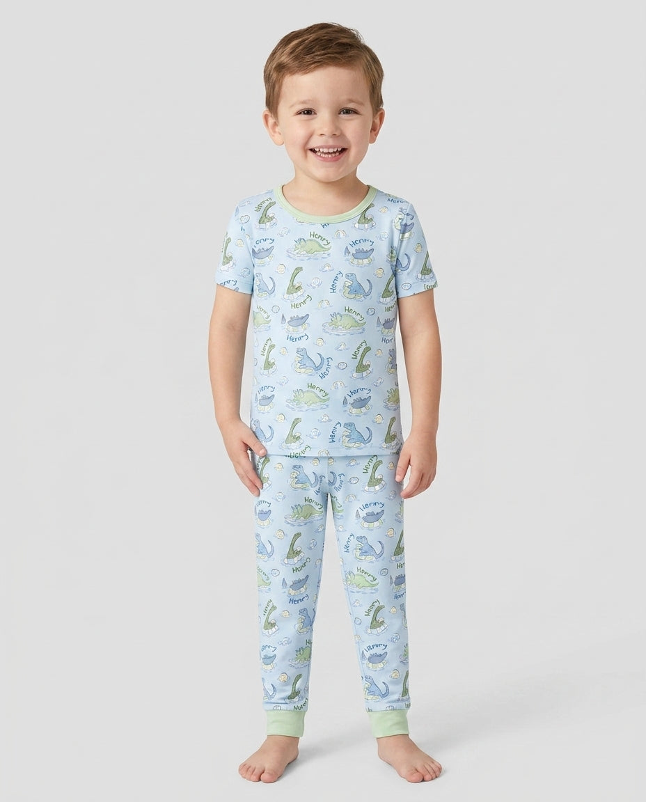 Dinos Swimming Custom Name Bamboo Two Piece Short Sleeve Pajama Set
