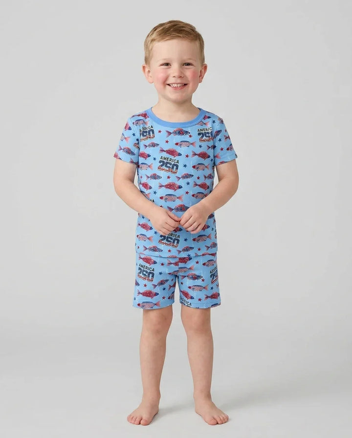 Stars and Stripes Fish Bamboo Two Piece Short Sleeve Shorts Pajama Set