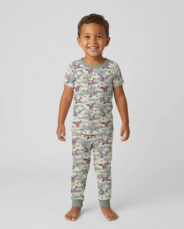 Custom Name America Mallard Duck Family Matching Bamboo Two Piece Short Sleeve Pajama Set