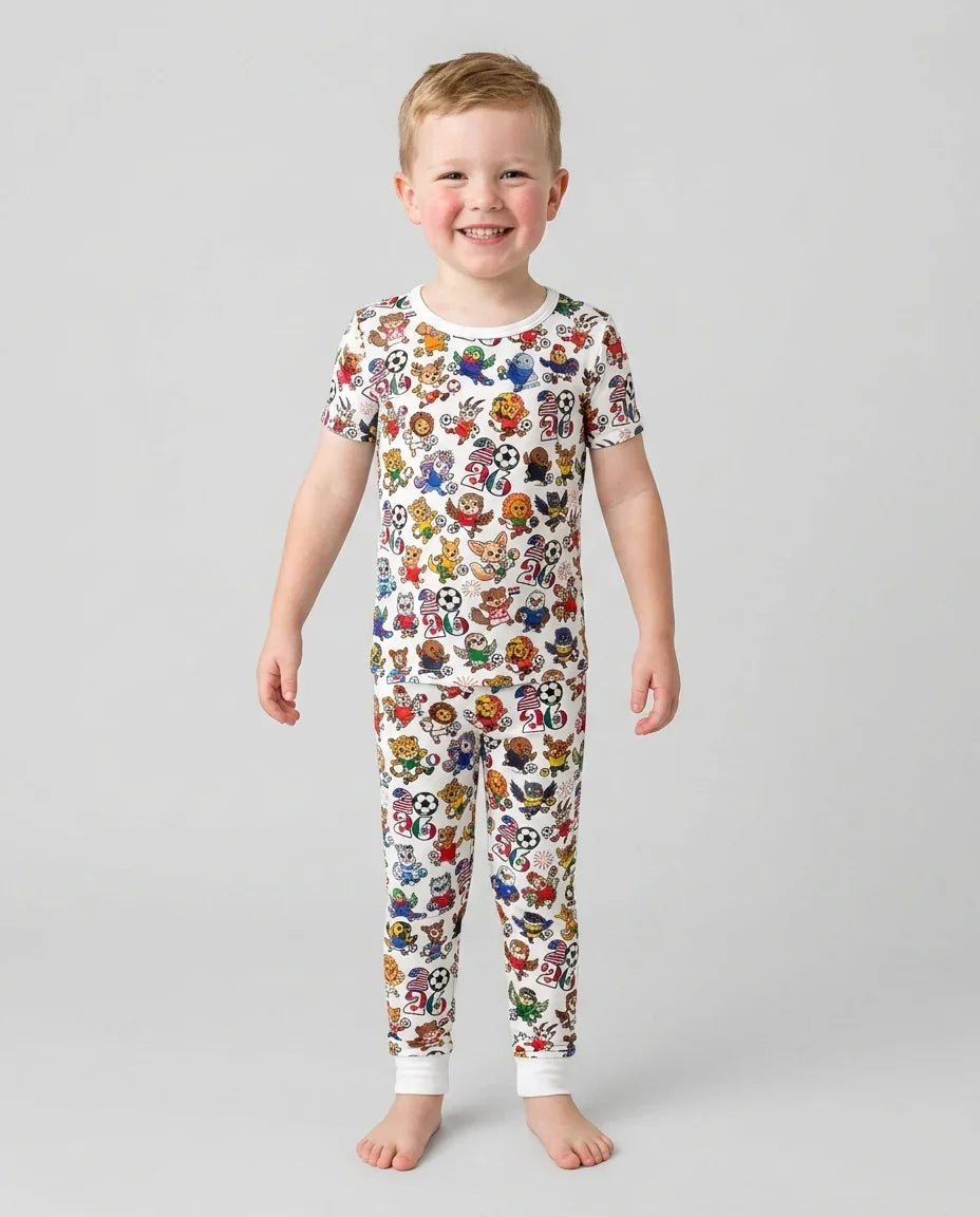 Kawaii Animals Soccer Tour 2026 Family Matching Bamboo Two Piece Short Sleeve Pajama Set
