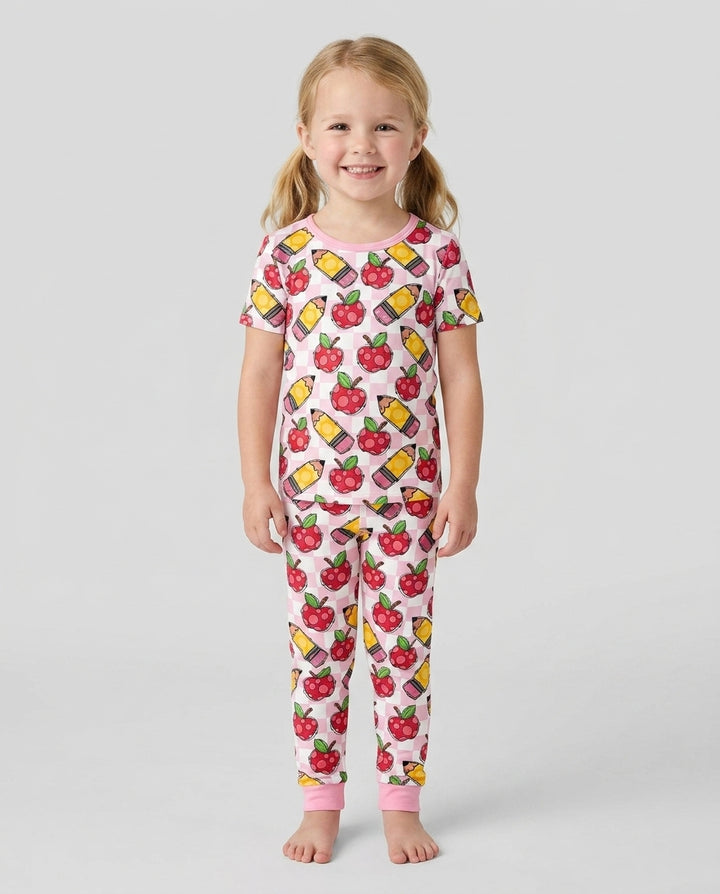 Checkered Apple Scribbles Bamboo Two Piece Short Sleeve Pajama Set