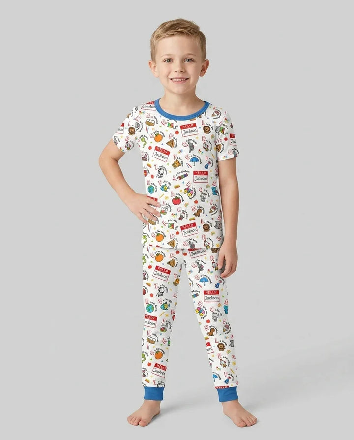 Custom Name Hello School ABCs Bamboo Two Piece Short Sleeve Pajama Set