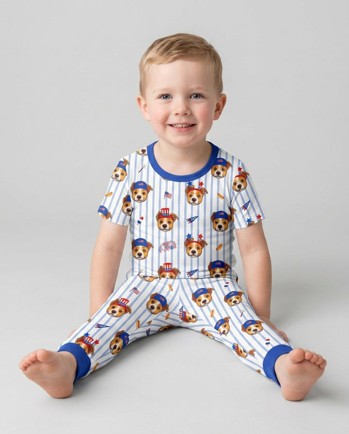 Custom Pet Image 4th of July Family Matching Bamboo Two Piece Short Sleeve Pajama Set