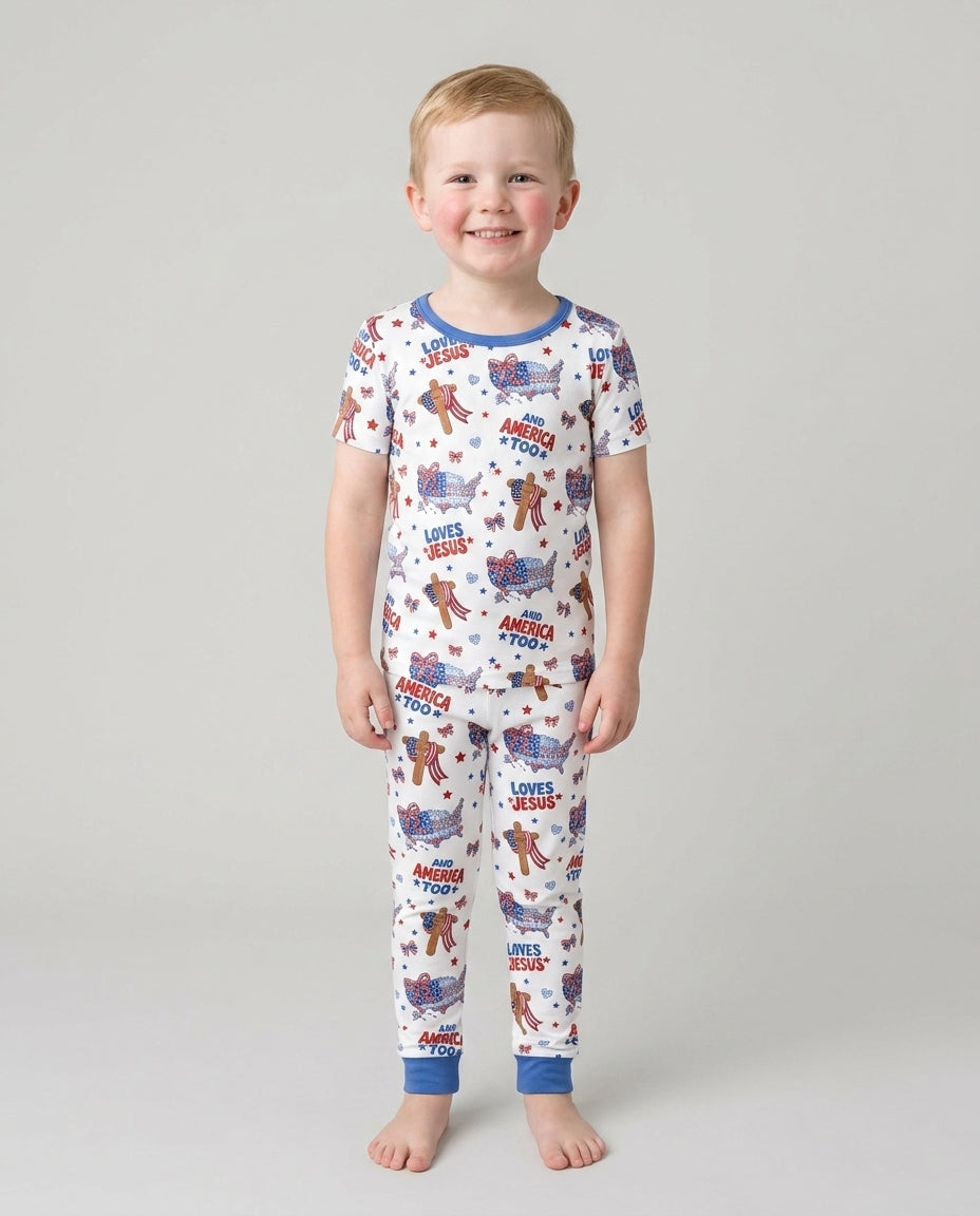 Loves Jesus And America Too Bamboo Two Piece Short Sleeve Pajama Set