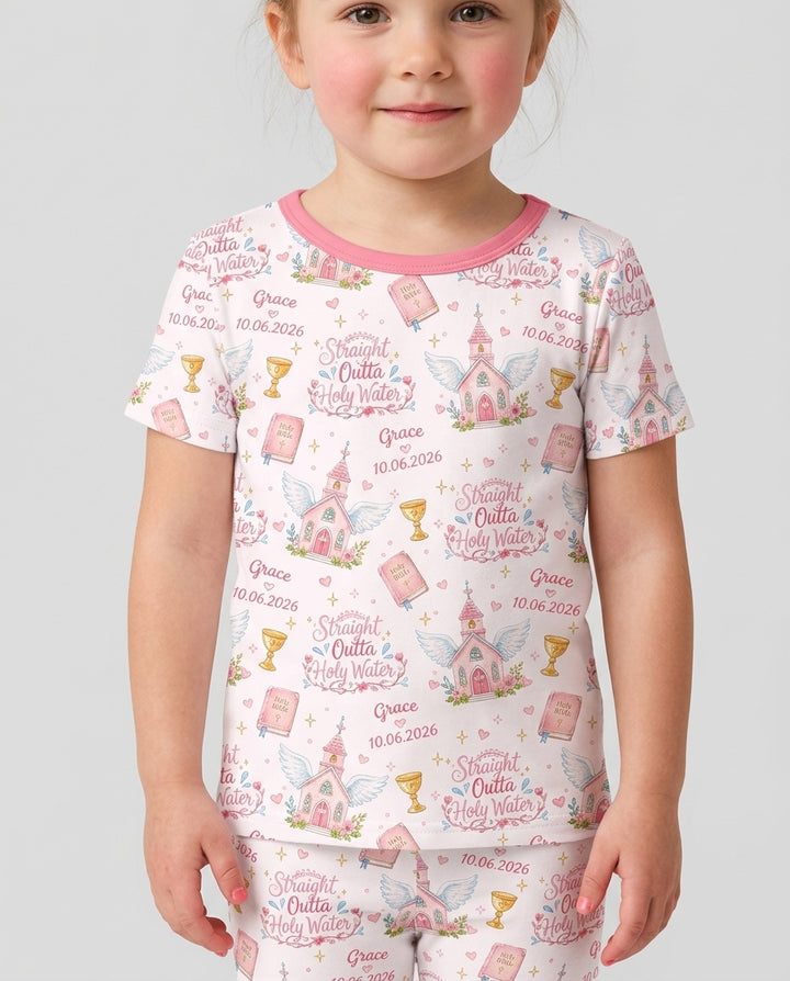 Custom Name Baptism Christening Straight Outta Holy Water Bamboo Two Piece Short Sleeve Shorts Pajama Set