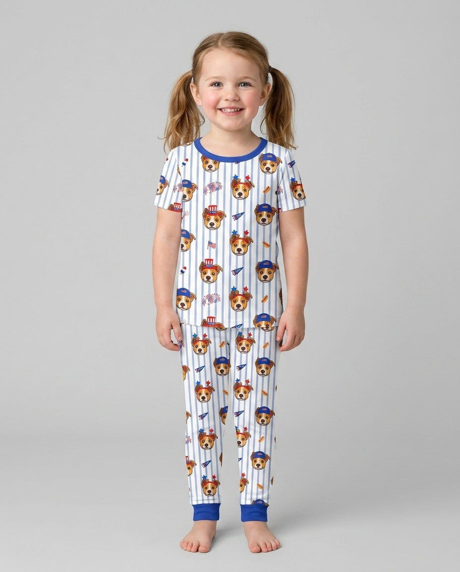Custom Pet Image 4th of July Family Matching Bamboo Two Piece Short Sleeve Pajama Set