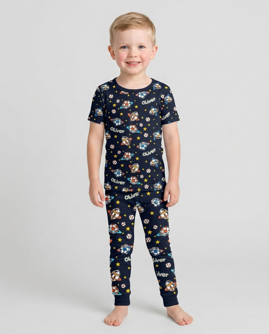 Custom Name Space Sport Bamboo Two Piece Short Sleeve Pajama Set