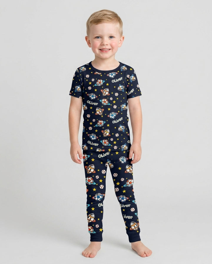 Custom Name Space Sport Bamboo Two Piece Short Sleeve Pajama Set