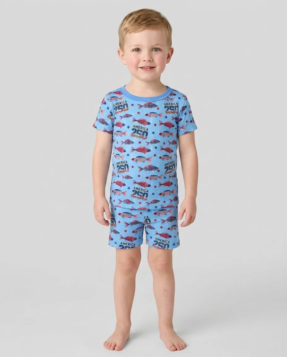 Stars and Stripes Fish Bamboo Two Piece Short Sleeve Shorts Pajama Set