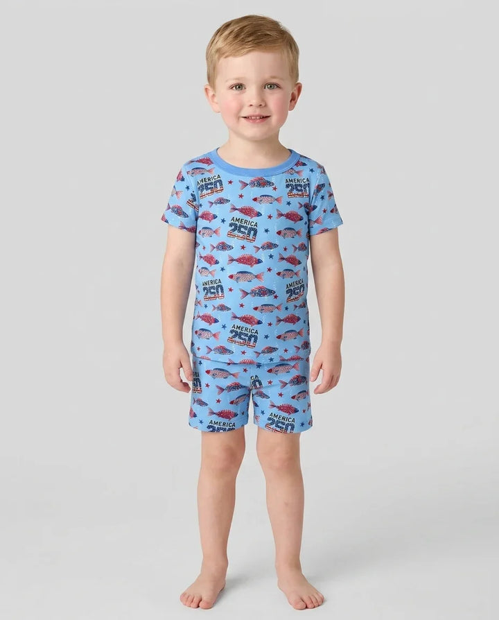 Stars and Stripes Fish Bamboo Two Piece Short Sleeve Shorts Pajama Set