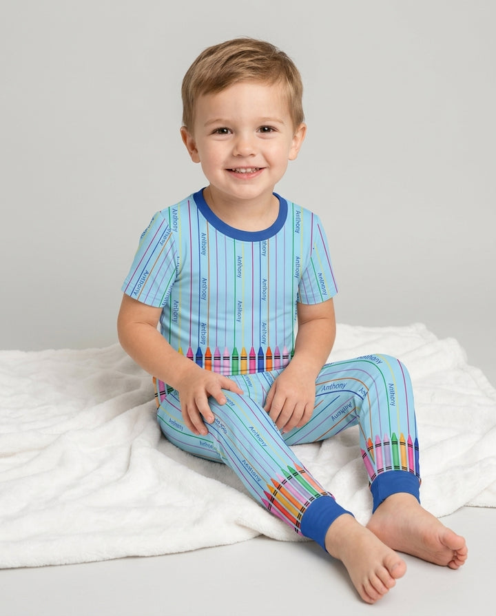 Custom Name Crayon Lines Bamboo Two Piece Short Sleeve Pajama Set