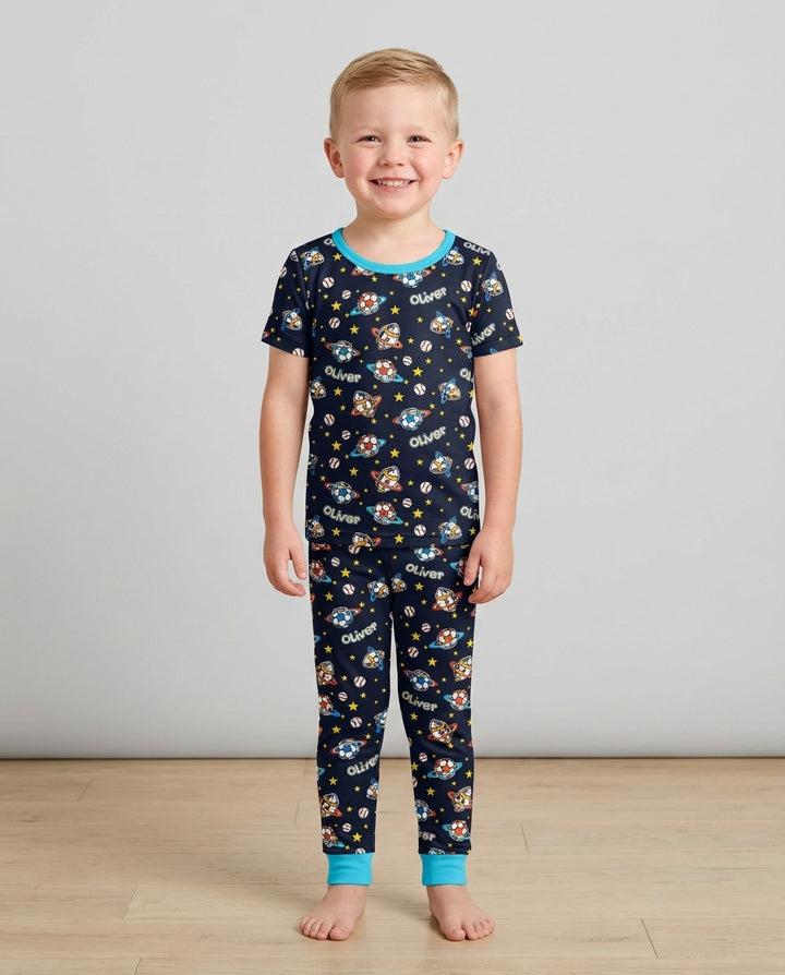 Custom Name Space Sport Bamboo Two Piece Short Sleeve Pajama Set