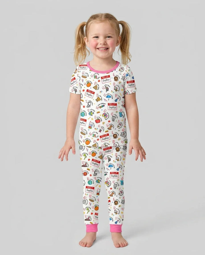 Custom Name Hello School ABCs Bamboo Two Piece Short Sleeve Pajama Set